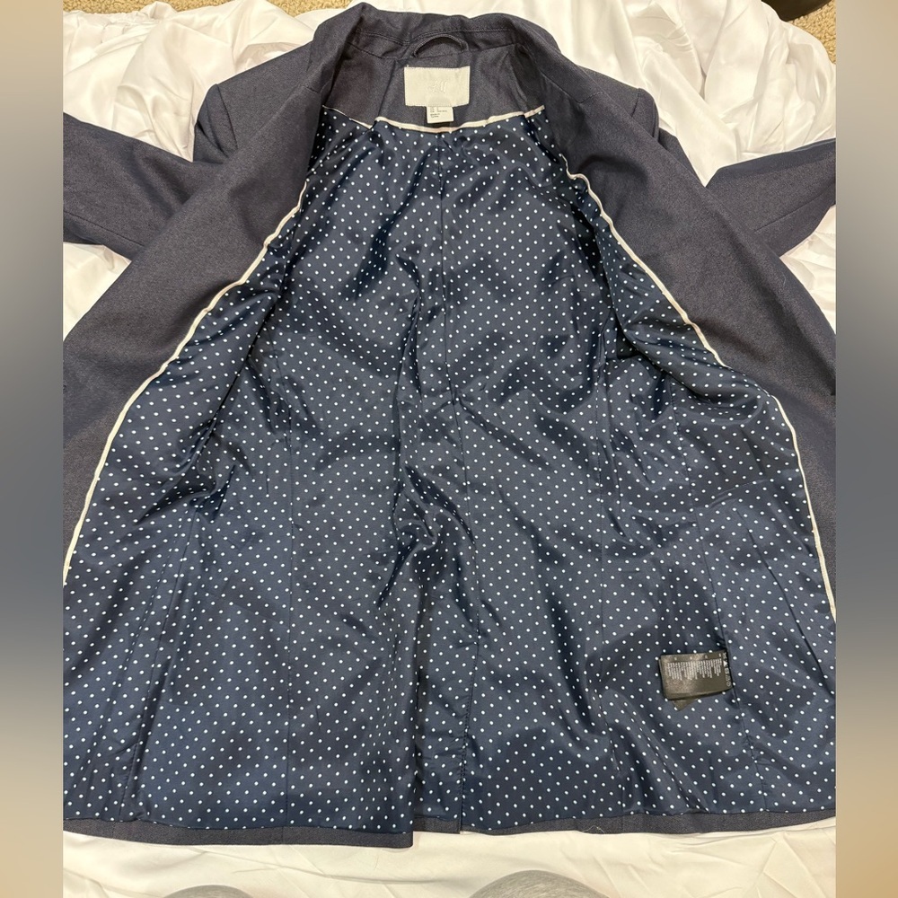H&M Navy Blue‎ Open Front Tailored Blazer Jacket Women’s 4 Polka Dot Workwear - Picture 5 of 9